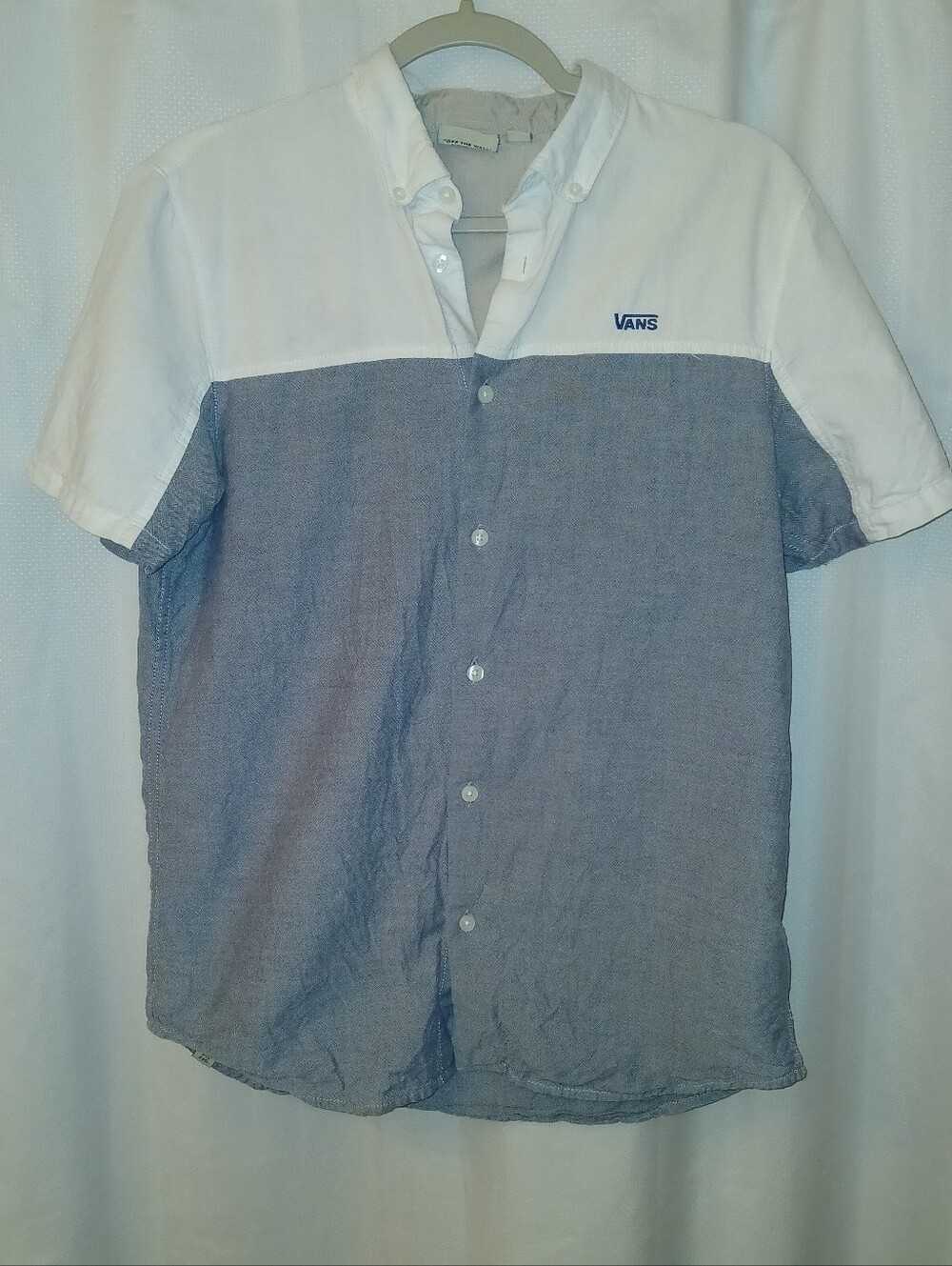 Vans White and Light Blue Color-Blocked Button-Up Shirt, Size S Men's.